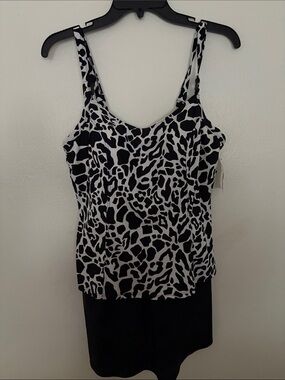 Black & White Animal Print Top with solid black skirt bottom swimsuit